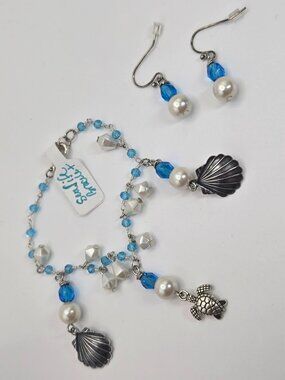 Sea Life Bracelet & Earring Set Light Blue Bead Glass Shell Turtle Charm Item 54